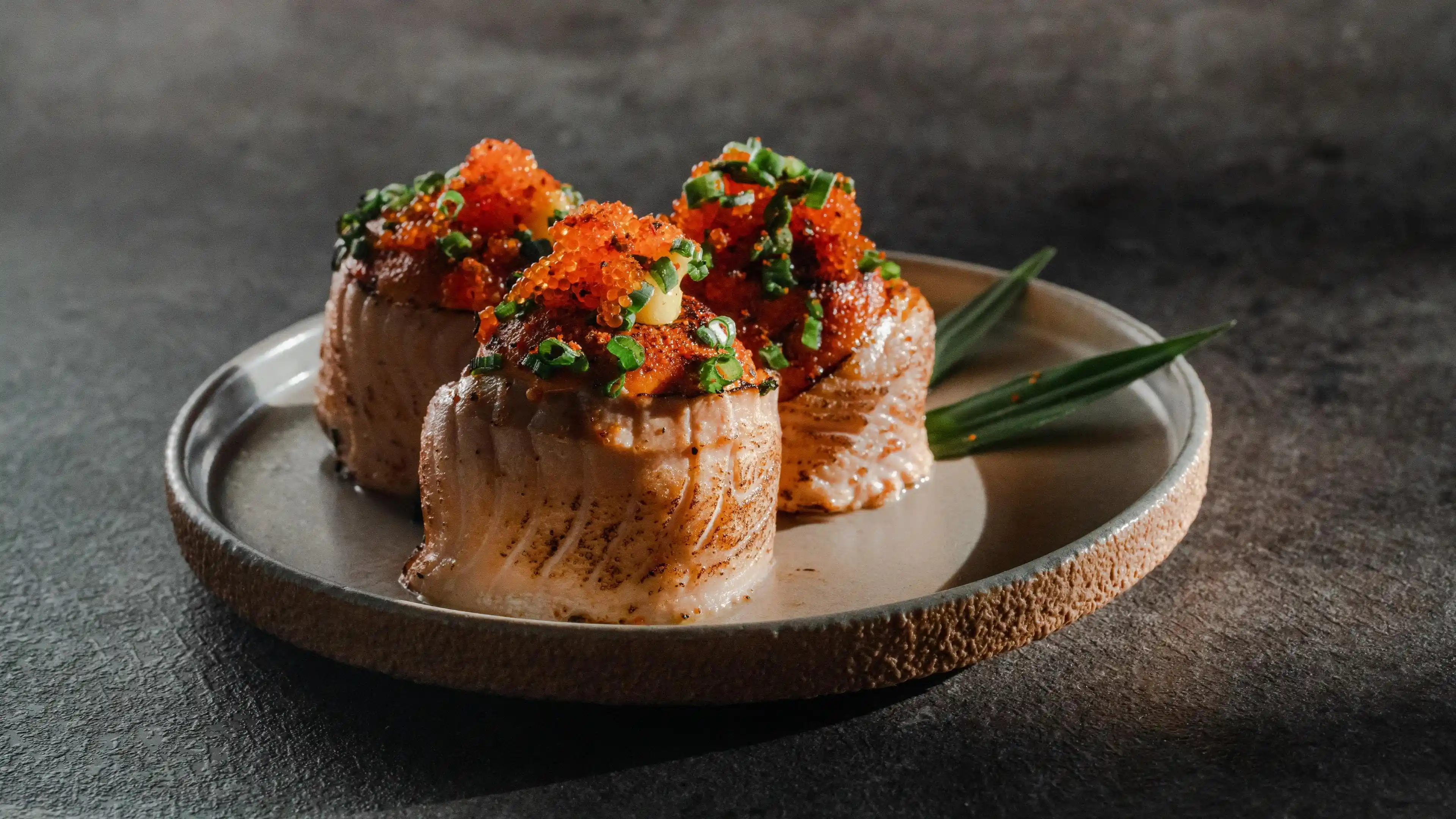 Flame-torched salmon sushi with tobiko, Billy Ho Dining Menu